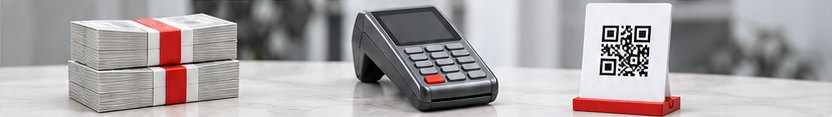 Пачки денег, терминал и табличка с QR-кодом